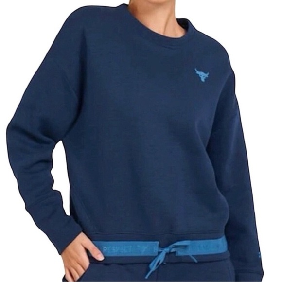 Under Armour Project Rock Sweater Crewneck Sweatshirt Drawstring Crop Navy S - Picture 2 of 15